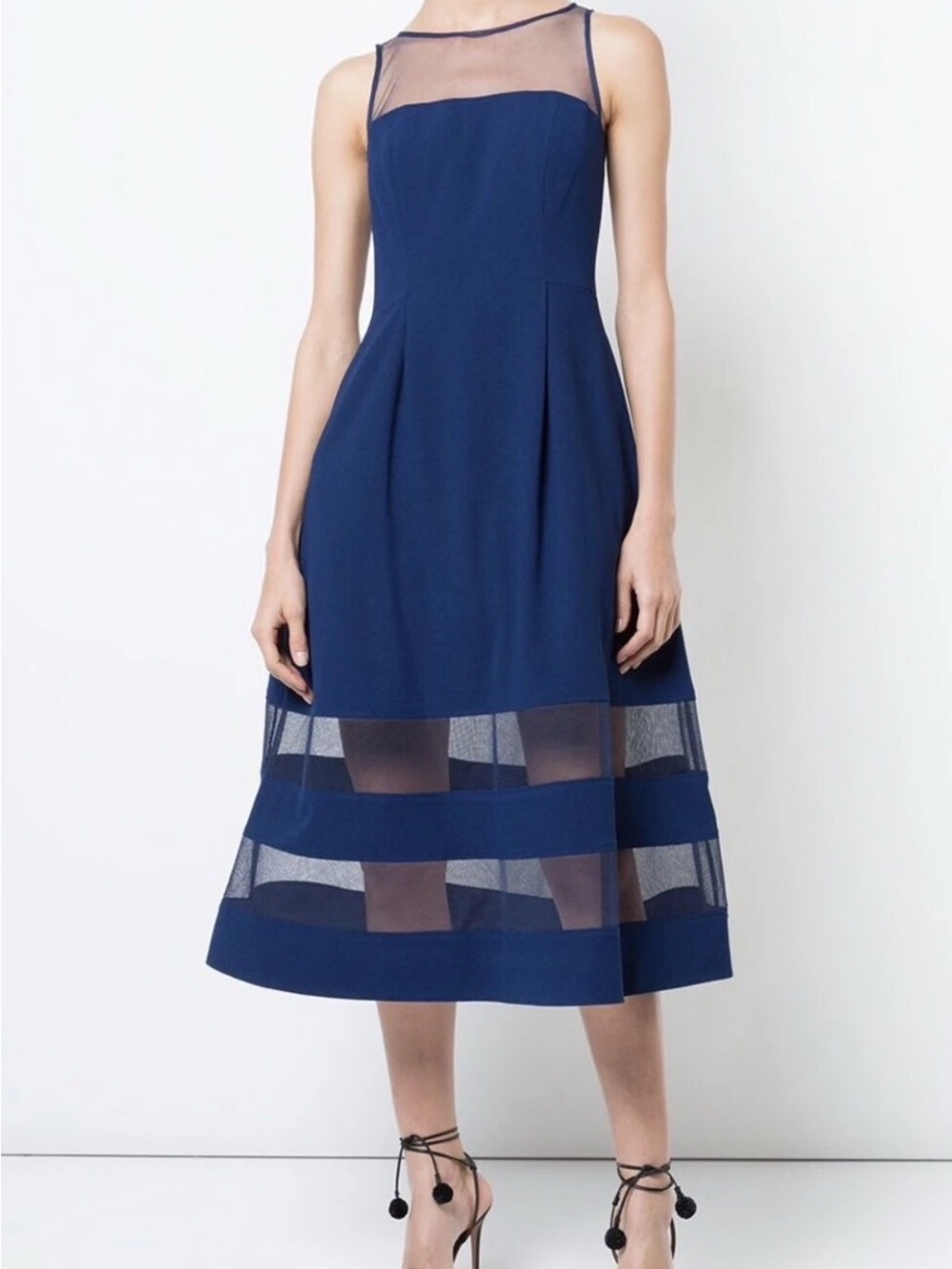 AIDAN MATTOX Navy Flared Sheer Panel Midi Fit & Flare Party Cocktail Dress Sz 4